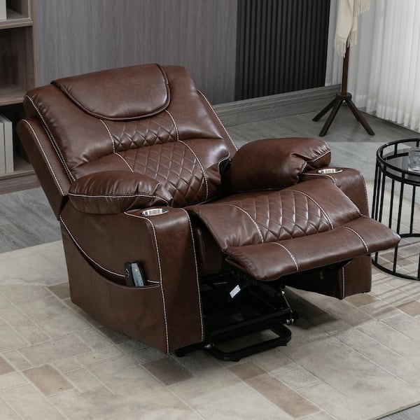 Oversized Brown Breathable Leather Electric Recliner Chair Elderly Power Lift Chair with Massage and Heating, 400 lbs.