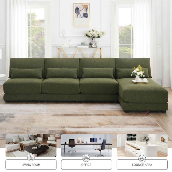 120 in. Square Arm Fabric L-Shaped Sofa with Reversible Chaise in Green