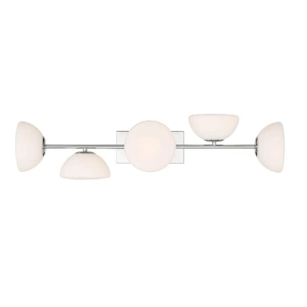 Zio 36 in. 5-Light Polished Nickel Retro Vanity Light with Etched Opal Glass Shades, Includes 5-Light G9 Light Bulbs
