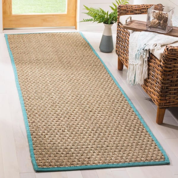 Natural Fiber 3 ft. x 14 ft. Natural/Teal Solid Runner Rug