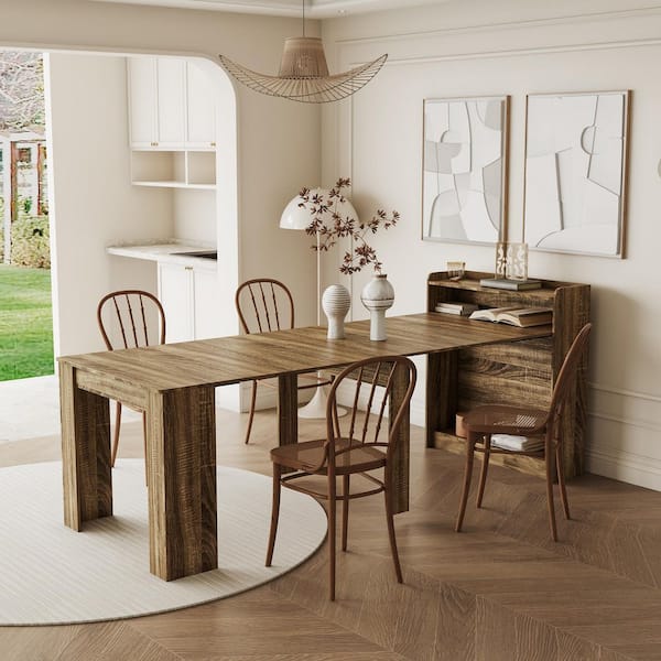 Earthy Modern Barnwood Wood 36.61 in. W Extendable Trestle Dining Table Seats-4