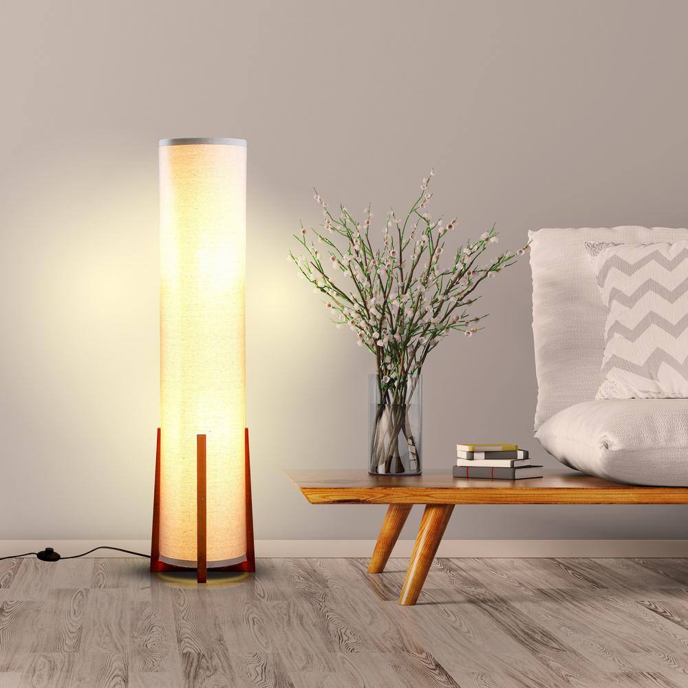 48-Inch White Linen and Wood Floor Lamp with LED