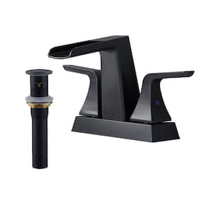 4 in. Centerset 2-Handle Waterfall Spout Mid Arc Lavatory Bathroom Faucet with Pop-Up Drain Kit in Matte Black