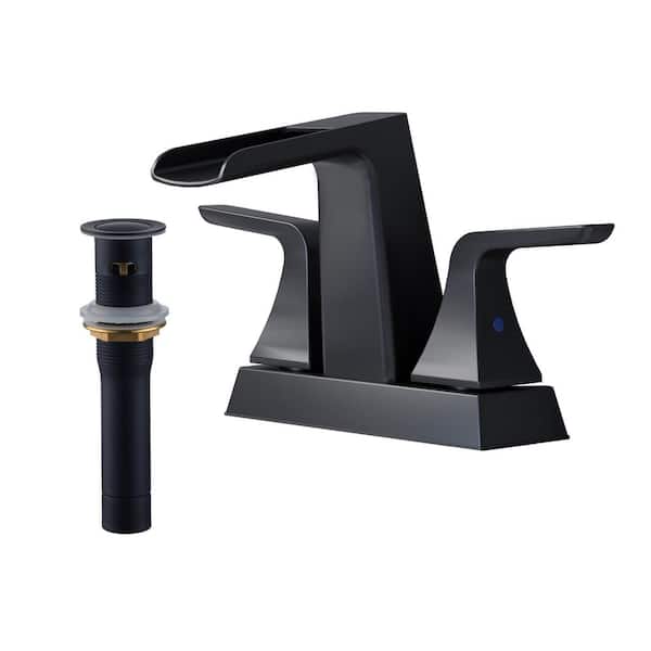 CASAINC 4 in. Centerset 2-Handle Waterfall Spout Mid Arc Lavatory Bathroom Faucet with Pop-Up Drain Kit in Matte Black