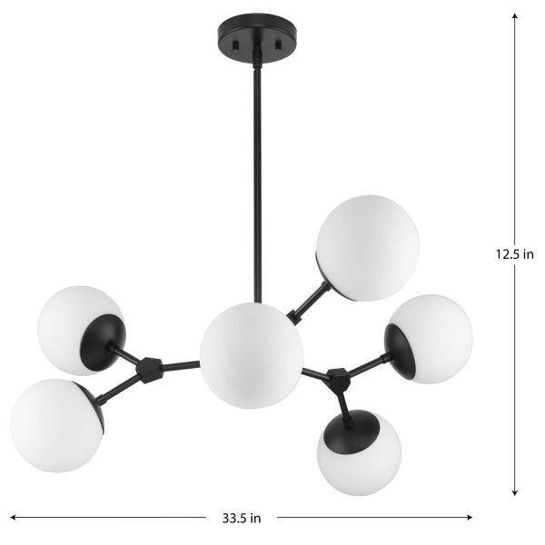 Progress Lighting Haas 33.5 in. 6-Light Matte Black Mid-Century Modern Chandelier with Opal Glass Shade