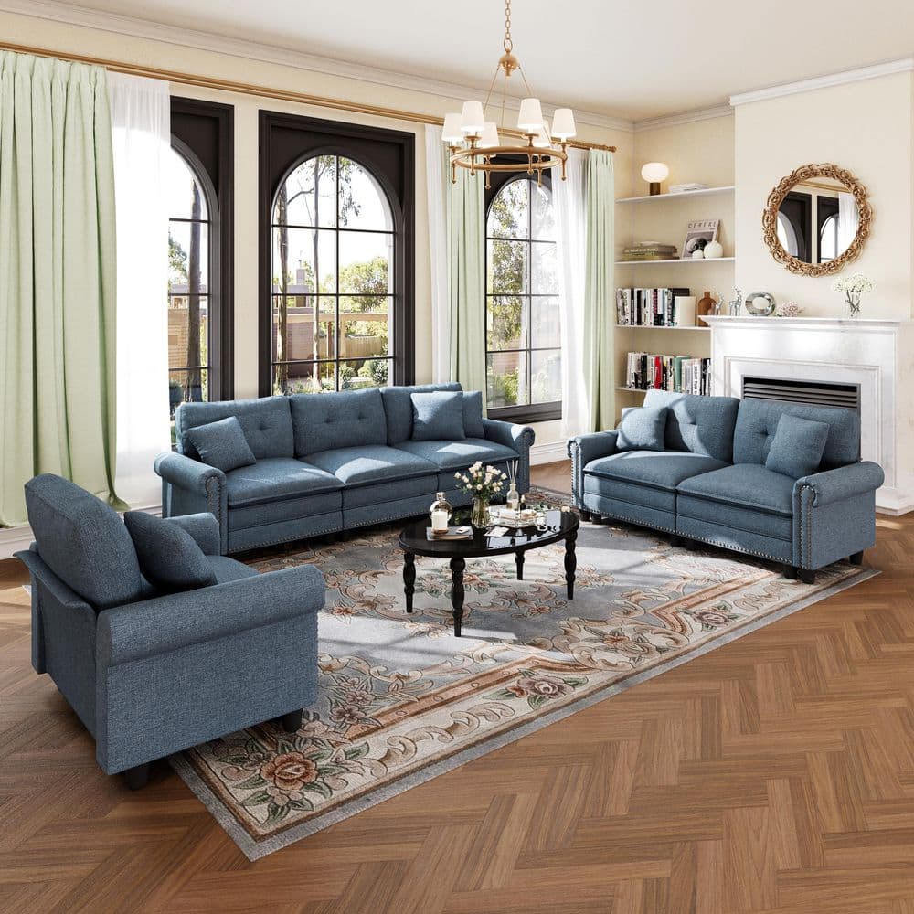 113.8 in. Roll Arm 6-Seat Linen-like Fabric Modular Sectional Sofa in Blue with Throw Pillows
