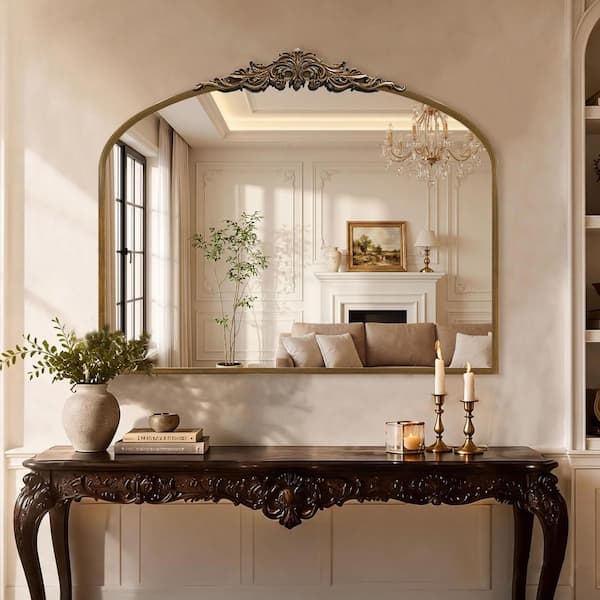 29.3 in. W x 35.5 in. H Traditional Arch Antique Gold Metal Frame Decorative Mirror