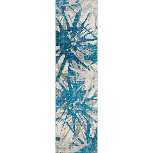 Bravado Blue 2 ft. 3 in. x 7 ft. 6 in. Geometric Indoor/Outdoor Washable Area Rug