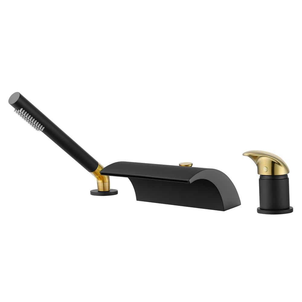 Waterfall Single-Handle Tub Deck Mount Roman Tub Faucet with Hand Shower in Black and Gold -  SUMERAIN, S2138W-MG-HD