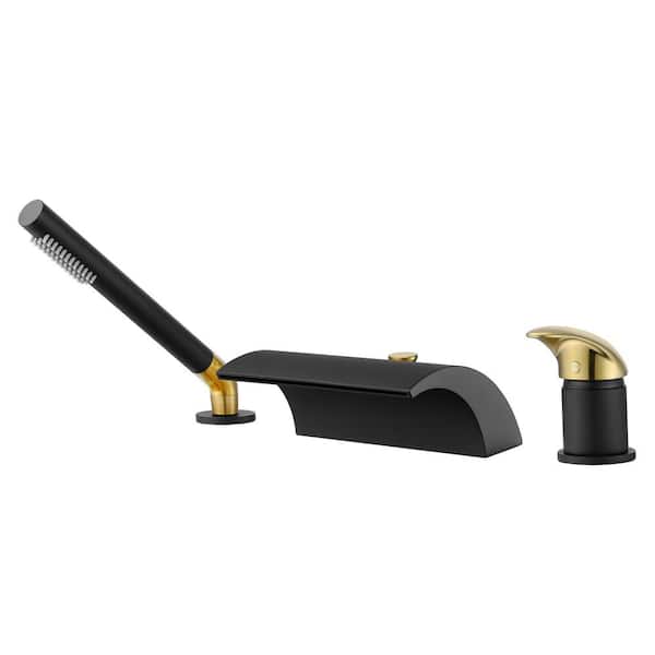 SUMERAIN Waterfall Single-Handle Tub Deck Mount Roman Tub Faucet with Hand Shower in Black and Gold