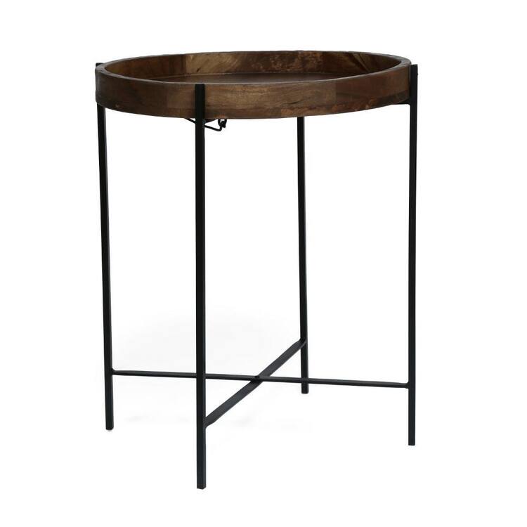 Benjara 22 in. Brown and Black Round Wooden Top End Table