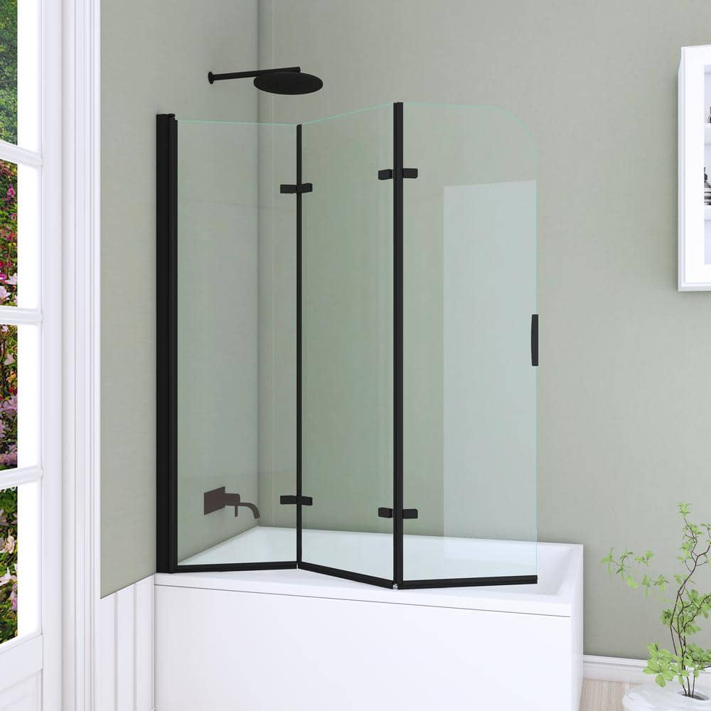 51'' Black Aluminum Frameless Folding Tub Door with Clear Tempered Glass