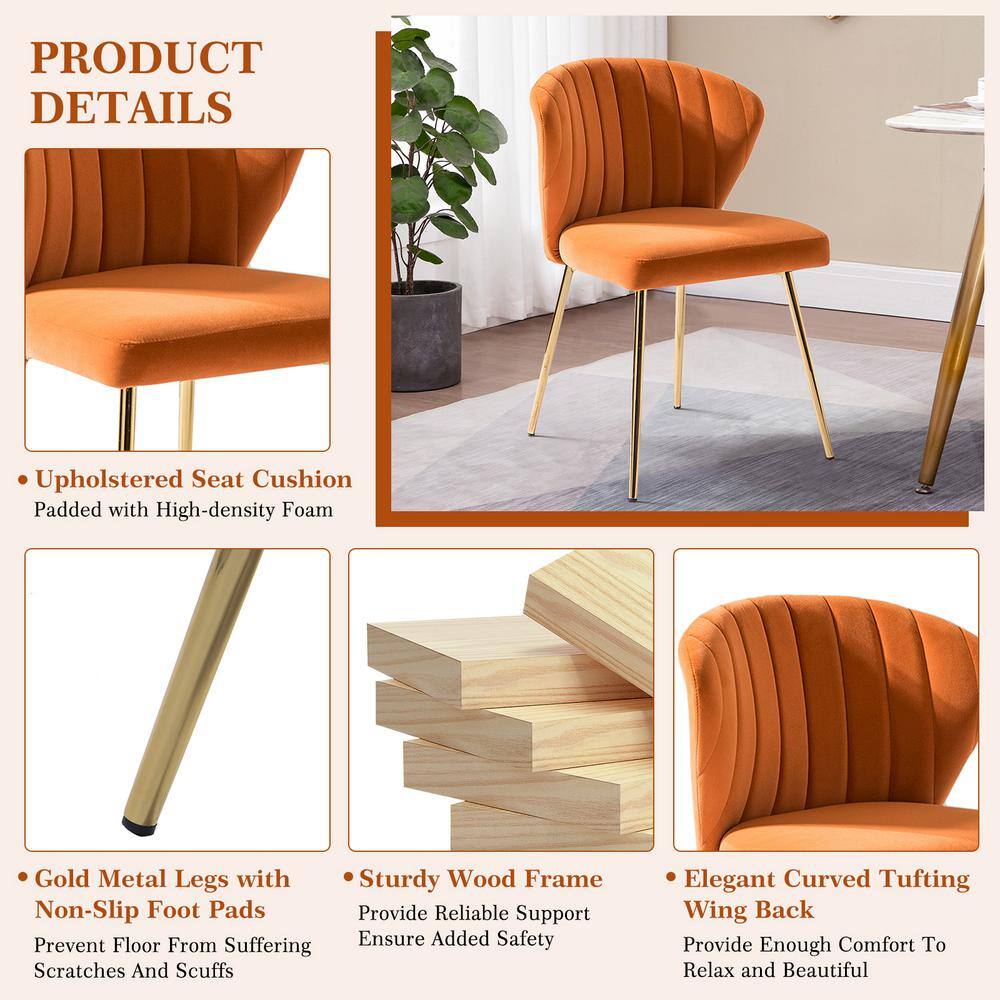 Velvet Upholstered Low Back Side Chair in Orange with Brass Legs, Set of 2