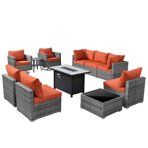 Sanibel Gray 11-Piece Wicker Patio Conversation Fire Pit Sectional Sofa Set with Swivel Chairs and Orange Red Cushions