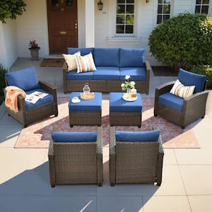 Solidago Brown 7-Piece Wicker Outdoor Patio Conversation Seating Set with Navy Blue Cushions