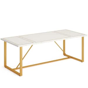 Halseey White Finish Wood Rectangle Trestle Dining Table for 6 with Gold Metal Frame