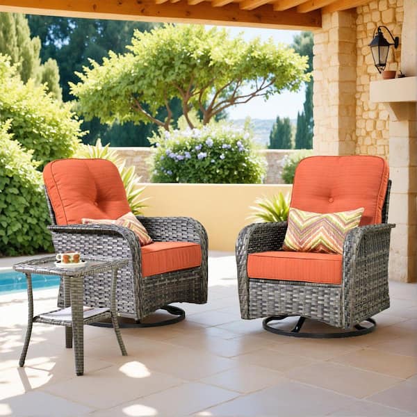 Galene Gray 3-Piece Wicker Outdoor Patio Conversation Swivel Rocking Chair Seating Set with Orange Red Cushions