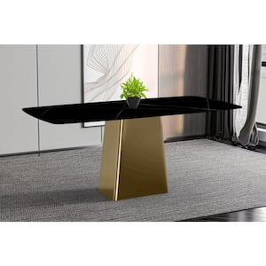 Quinix Modern 62 in. Rectangular Dining Table with Sintered Stone Top Gold Steel Pedestal Base in Black/Gold, Seats 6