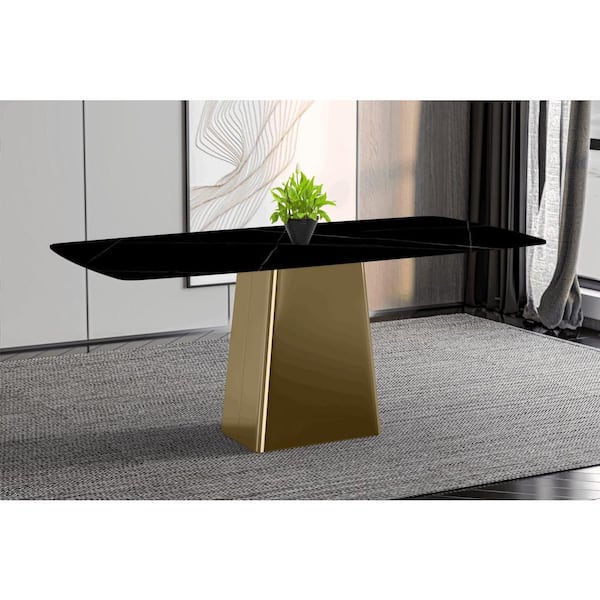 Leisuremod Quinix Modern 62 in. Rectangular Dining Table with Sintered Stone Top Gold Steel Pedestal Base in Black/Gold, Seats 6
