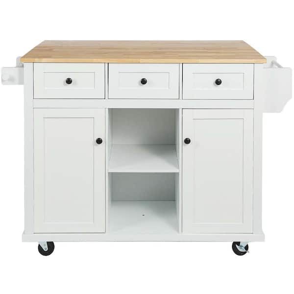 Unbranded White Wood 53 in. W Kitchen Island Cart with Drop Leaf, 2-Storage Cabinets, 3-Drawers, and Storage Rack