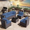 7-Piece Wicker Outdoor Sectional Set with Cushion Navy Blue