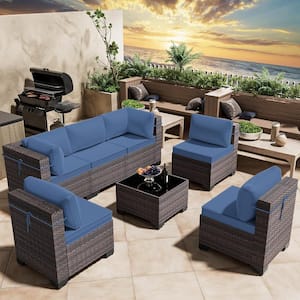 7-Piece Wicker Outdoor Sectional Set with Cushion Navy Blue