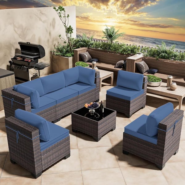 7-Piece Wicker Outdoor Sectional Set with Cushion Navy Blue