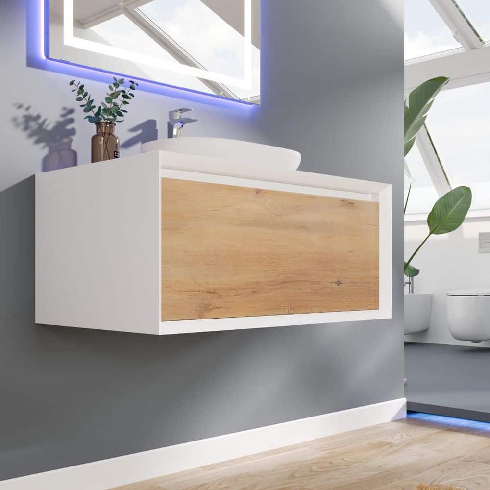 Santa Monica 36" White Oak Wall-Mount Vanity with Vessel Sink