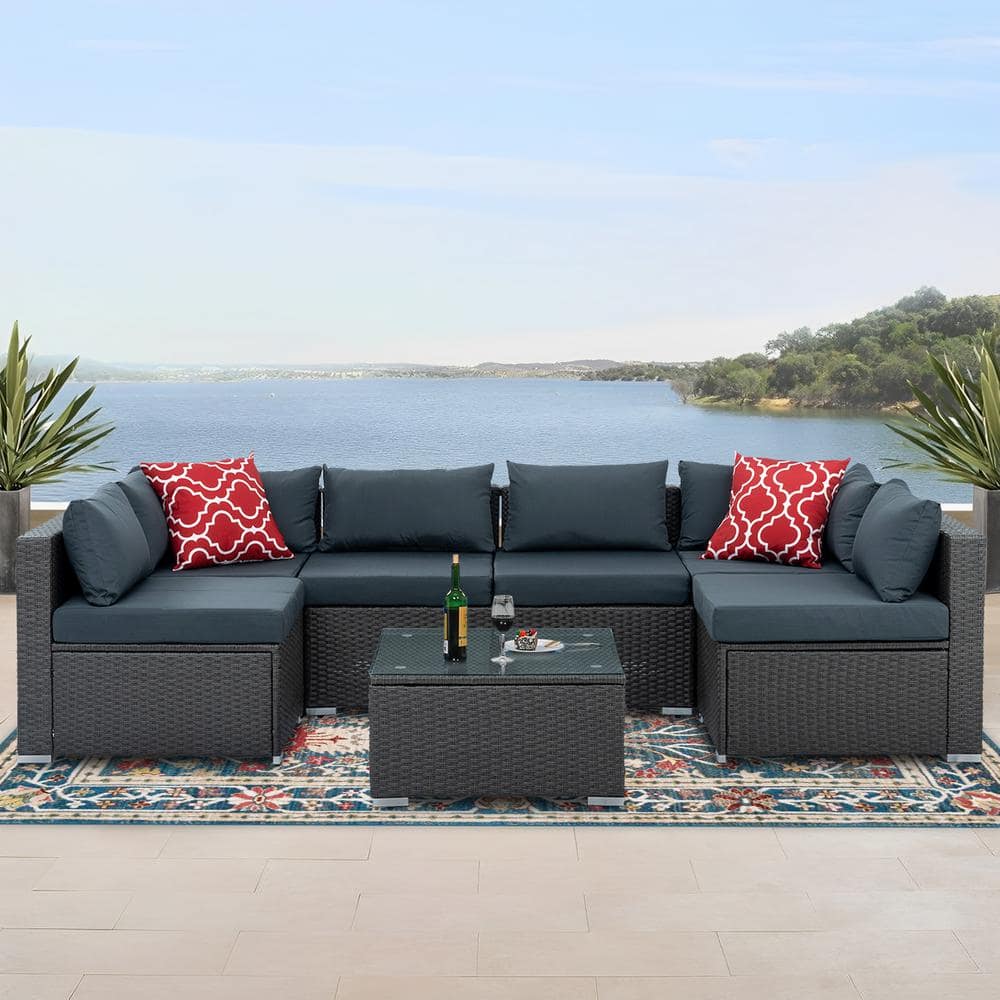 Tenleaf Contemporary Designed Black 7-Piece PE Wicker Outdoor Sectional ...