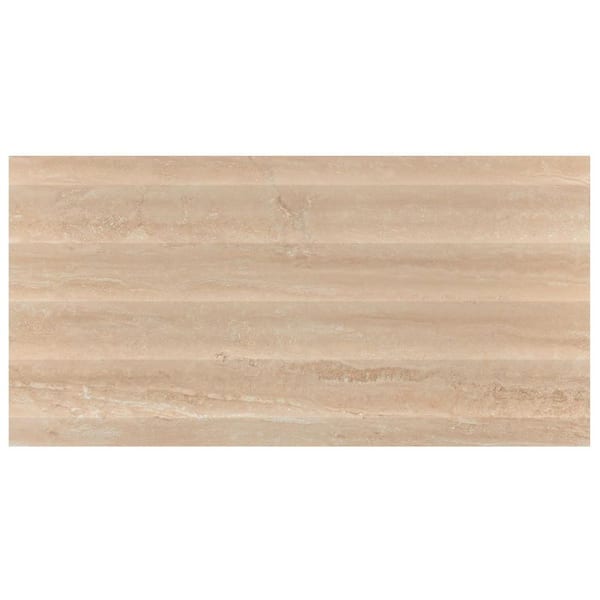 Auramar Waves Travertino Crema Beige 8 in. x 0.39 in. 3D Travertine Look Matte Porcelain Wall Tile Sample