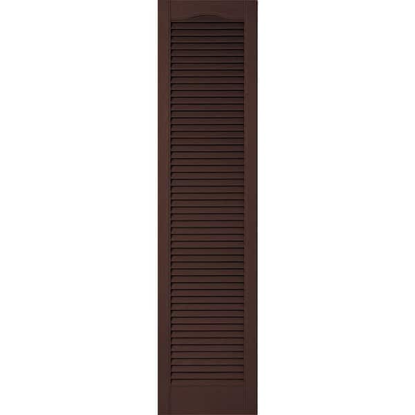 Ekena Millwork 12 in. x 37 in. Lifetime Vinyl Custom Cathedral Top All Open Louvered Shutters Pair Federal Brown