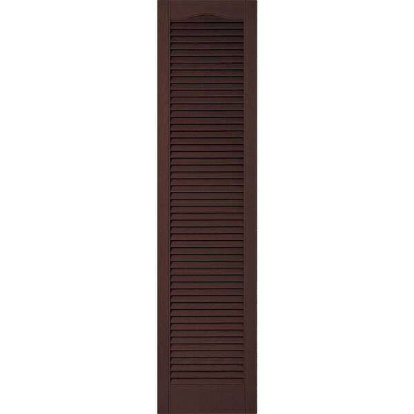 Ekena Millwork 14-1/2 in. x 90 in. Lifetime Vinyl Custom Cathedral Top All Open Louvered Shutters Pair Federal Brown