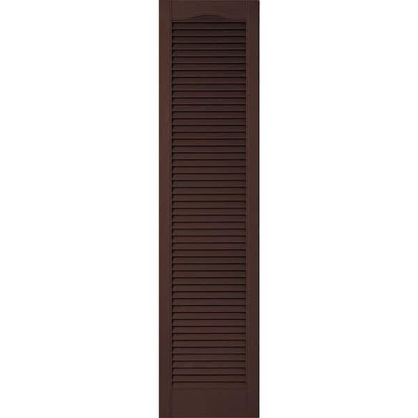 Ekena Millwork 18 in. x 44 in. Lifetime Vinyl Custom Cathedral Top All Open Louvered Shutters Pair Federal Brown