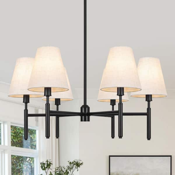 6-Light Dimmable Classic / Traditional Black Chandelier with White Fabric Shade for Dining Room