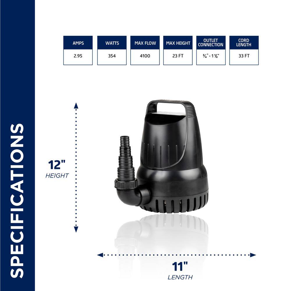 4100GPH Black Heavy-Duty Submersible Water Pump with 33' Cord