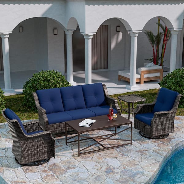 MeetLeisure 5-Piece Steel Wicker Patio Conversation Deep Seating Set with Swivel Chairs, Blue Cushions