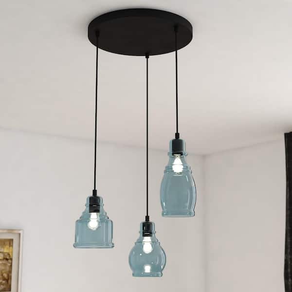 Millie 3-Light Bronze Farmhouse Jar Pendant Chandelier Ceiling Light Fixture Blue Glass
