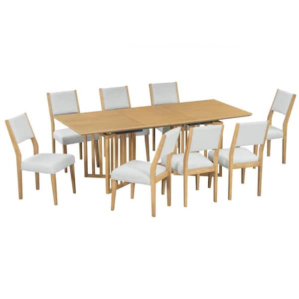 9-Piece Farmhouse Natural Extendable Wood Top Dining Room Set Seats 8