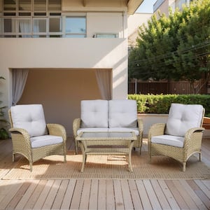 Yellow 4-Piece Wicker Outdoor Loveseat Set Patio Rattan Loveseat 2 Lounge Chairs and Coffee Table with Beige Cushions