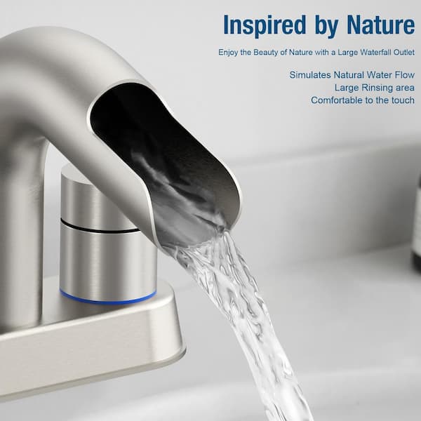 4 in. Centerset Double Handle Waterfall Spout Bathroom Faucet with Pop-Up Assembly in Brushed Nickel