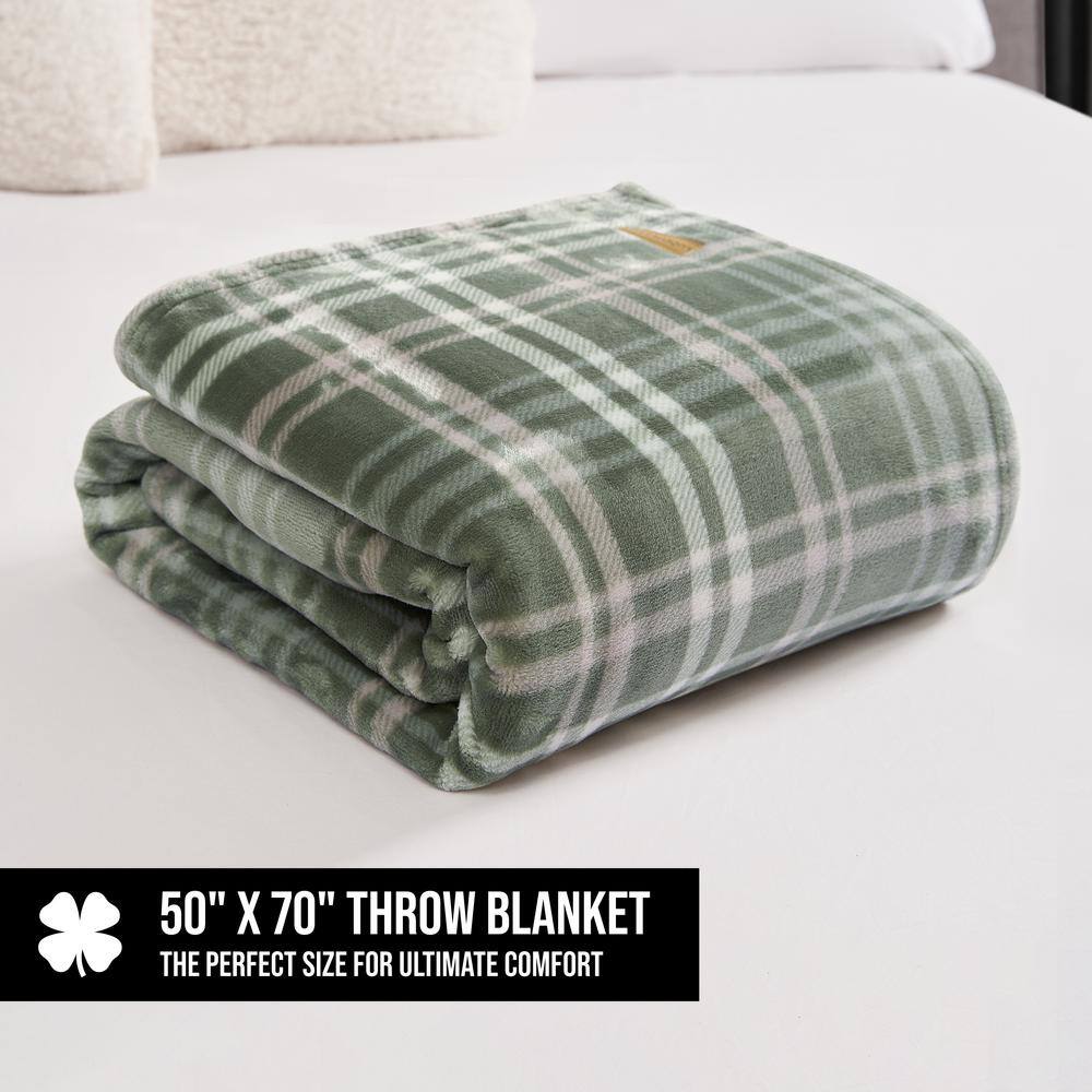 Olive Green Plaid Faux Fur Reversible Throw Blanket 50" x 70"
