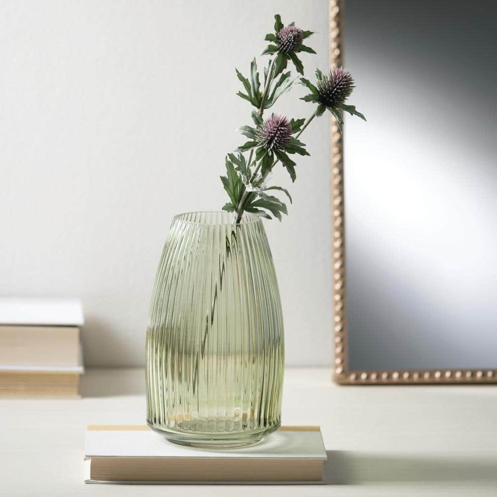 Green Ribbed Glass Vase for Table Centerpieces