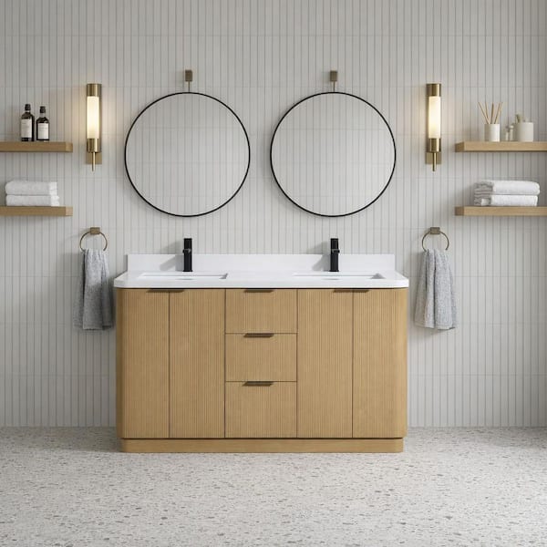 Calamigo 55 W x 22 in. D x 34.5 H Single Bath Vanity in Oak with Engineered Quartz Top in White with White Basin