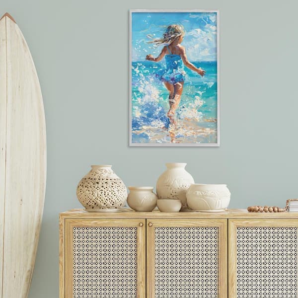 Girl Splashing on Shore by LSR Design Studio Gray Framed People Giclee Art Print 30 in. x 20 in.