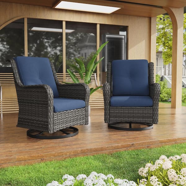 Wicker Outdoor Patio Swivel Rocking Chair with Blue Cushions (2-Pack)