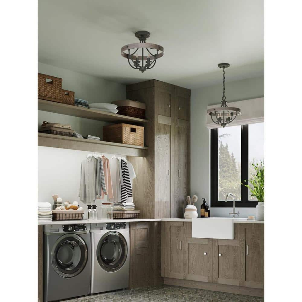 Graphite and Wood Grain 4-Light Semi-Flush Ceiling Fixture