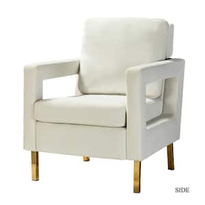 Anika Modern Ivory Comfy Velvet Arm Chair with Stainless Steel Legs and Square Open-framed Arm