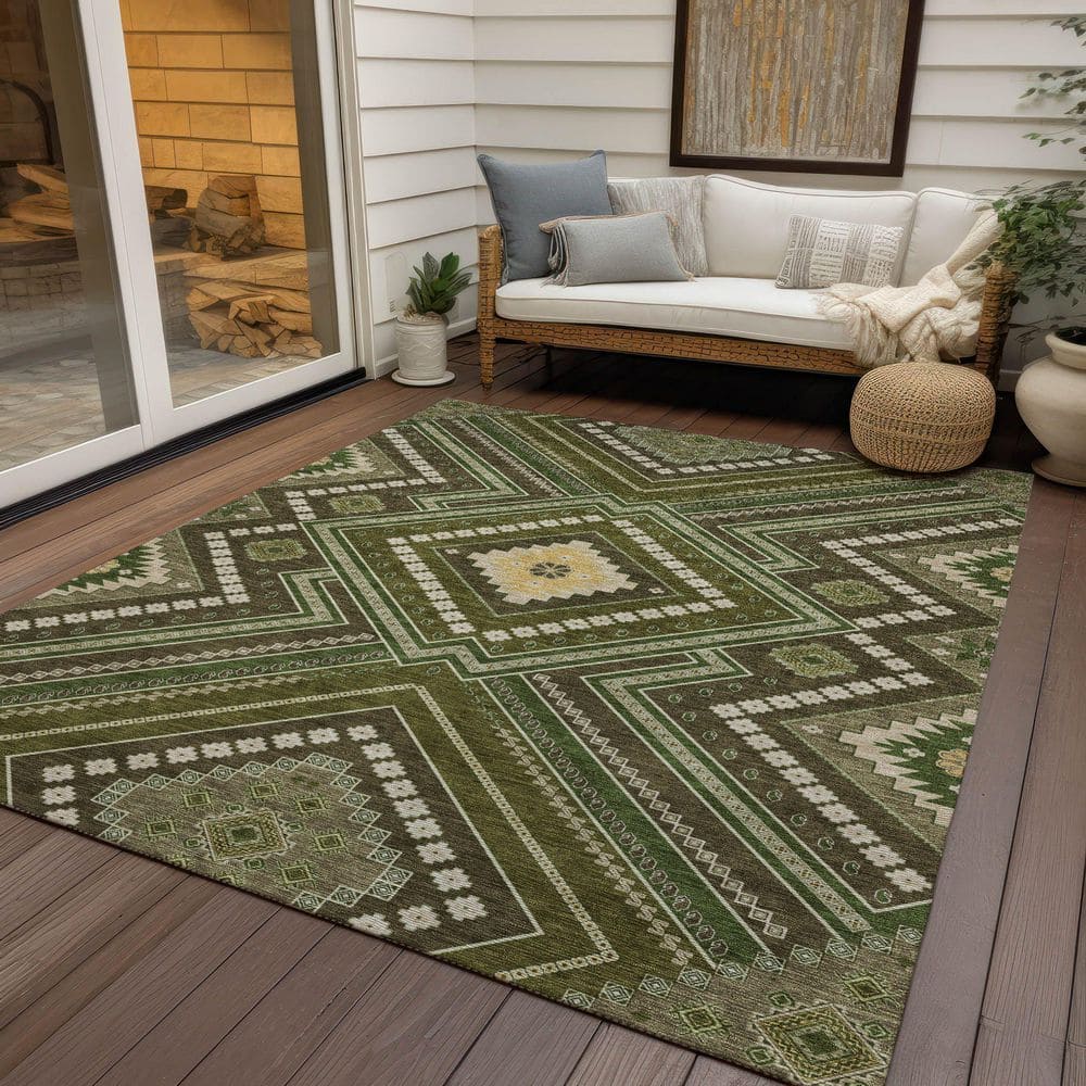 Olive and Beige Synthetic Washable Rectangular Rug
