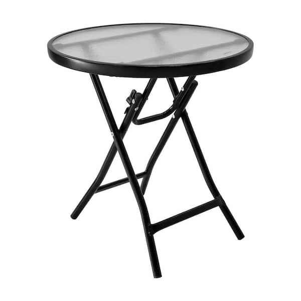 GARSING Black Round Metal Outdoor Side Table with Clear Glass Tabletop