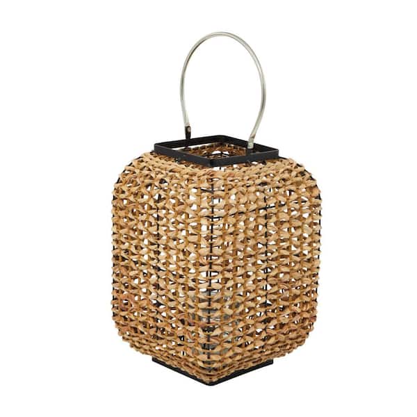 16 in. H Brown Dried Plant Handmade Decorative Candle Lantern with Glass Holder and Handle